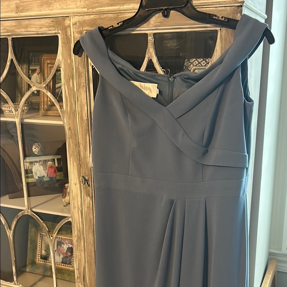 David's Bridal Slate Blue Off-Shoulder Maxi Dress
